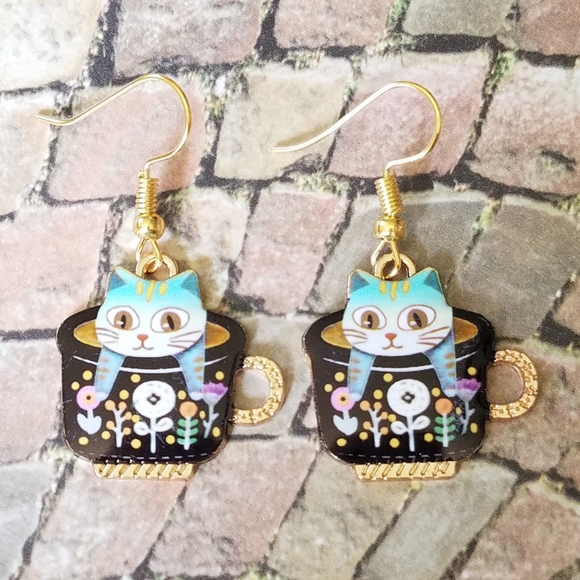 Jewelry - Cat in a black teacup earrings